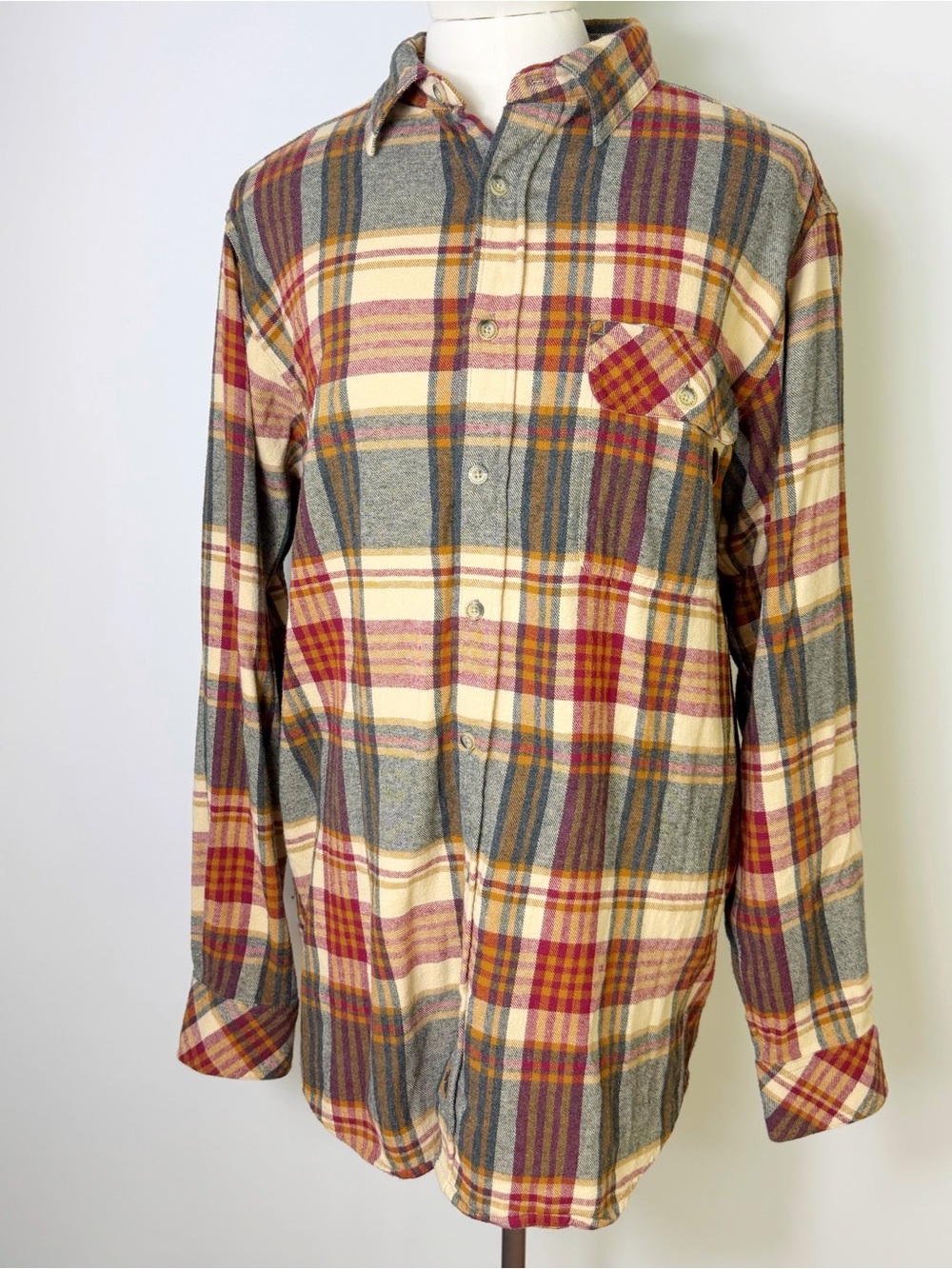 Legendary Whitetails Tan maroon & grey Plaid Button-Down Flannel Shirt cotton LT